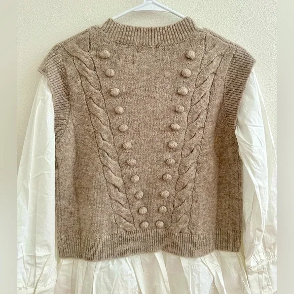 NEW Fate Tan Crew Neck Cable Knit Sweater Vest with Attached white Blouse - Picture 2 of 7